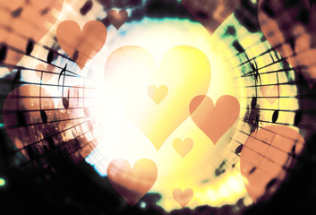 Leinwandbilder - beautiful collage with hearts and music notes in cosmic space, symbolizining the love to music.