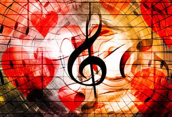 Fototapete - beautiful collage with hearts and music notes and music clefs, symbolizining the love to music.