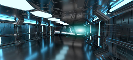 Wall Mural - spaceship interior with view on distant planets system 3d render