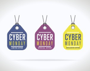 Wall Mural - Cyber Monday sale tag sticker vector isolated. Discount or special offer price tag on Cyber Monday. Promo offer or ad offer on special shopping day.