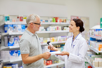 Sticker - pharmacist and senior man buying drug at pharmacy