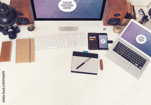 Desktop Computer And Laptop On A Neat Desk With Gadgets Mockup 5