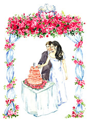 Groom and bride cutting pink wedding cake under gazebo decorated with red roses and two kissing pigeons on the top, hand painted watercolor illustration