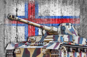 Military tank with concrete Faroe Islands flag