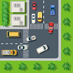 Wall Mural - Top view of the urban landscape. Traffic road with cars, houses and trees. Scenery from above of the city.