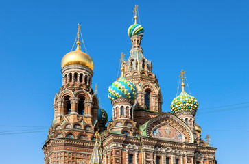 Canvas Print - Domes of Church of the Savior on Spilled Blood against blue sky