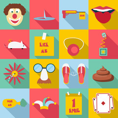 Wall Mural - April fools day icons set. Flat illustration of 16 April fools day vector icons for web