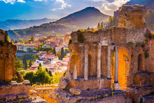 The Ruins Of Taormina Theater At Sunset. Beautiful Travel Photo, Colorful Image Of Sicily.