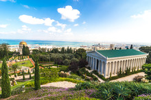 A Gorgeous View Of The Bahai Gardens, The Temple, The Library And Haifa Bay On A Sunny Day