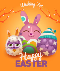 Yellow happy easter card with easter rabbit