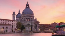 Venice Grand Canal Santa Maria Della Salute Basilica Sunset Panorama 4k Time Lapse Italy
