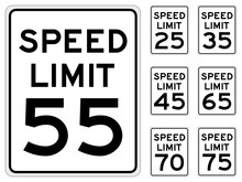 Vector Illustration Of A United States Speed Limit Road Sign, In A Variety Of Speeds.