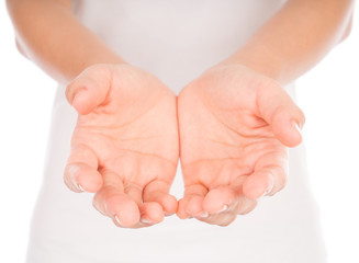 Wall Mural - Empty woman hands over body isolated on background .