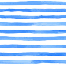 Beautiful Seamless Pattern With Blue Watercolor Stripes. Hand Painted Brush Strokes, Striped Background. Vector Illustration