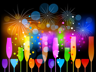 Happy new year best party greeting card with colorful glass and fireworks background