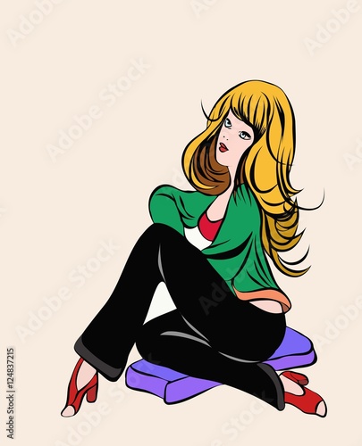 girl with long red hair in trousers sitting on the mat Stock Vector ...