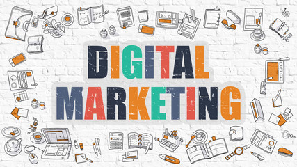 Wall Mural - digital marketing on white brick wall.