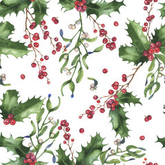 Hand-drawn watercolor seamless holiday pattern with different plants. Repeated decorative background: Christmas mistletoe branches, leaves, holly and berries