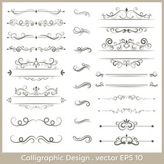 set of calligraphic vintage vector ornaments with dashes and dividers.