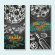 Italian food vintage design template. Vertical banners set. Vector illustration hand drawn linear art. Italian Cuisine restaurant menu. Hand drawn sketch vector flyers.