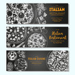 Italian food vintage design template. Horizontal banners set. Vector illustration hand drawn linear art. Italian Cuisine restaurant menu. Hand drawn sketch vector banners