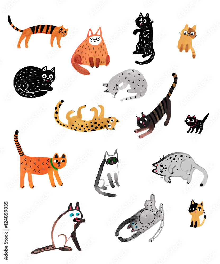 Set of cute cartoon kitties or cats with different colored fur and ...