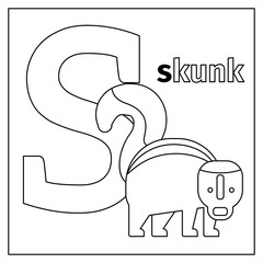 Wall Mural - Coloring page or card for kids with English animals zoo alphabet. Skunk, letter S vector illustration