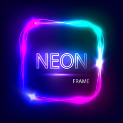 Wall Mural - neon square glowing frame. light banner with neon effect. electric frame on dark background. neon si