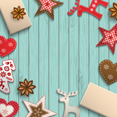 Wall Mural - Christmas motive, small scandinavian styled decorations lying on wooden desk, illustration