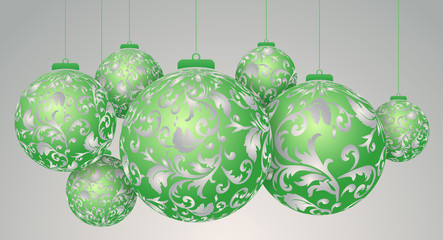 Christmas 3D green balls on silver background 