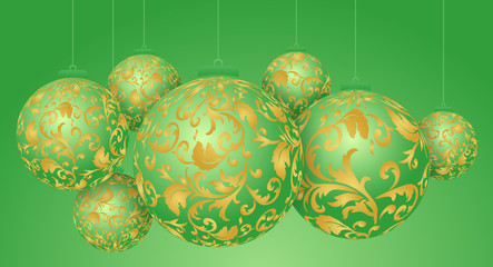 Christmas 3D green balls with golden decorations