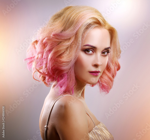 Naklejka na szafę Beauty fashion model girl with colorful dyed hair