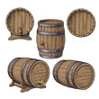 Set of wooden barrels, sketch style vector illustrations isolated on white background. Collection of standing and lying wine, rum, beer classical wooden barrels