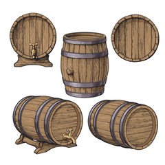 Set of wooden barrels, sketch style vector illustrations isolated on white background. Collection of standing and lying wine, rum, beer classical wooden barrels