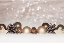 Gold  Balls, Baubles,decorations, Glittering Ornaments On A  Golden Christmas Background With Blurry, Blurred,  Lights (bokeh) For Greeting Card