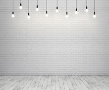 Painted Brick Wall And Wooden Floor With Glowing Light Bulbs. 3D Rendering