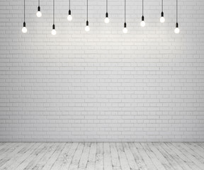 Painted brick wall and wooden floor with glowing light bulbs. 3D rendering