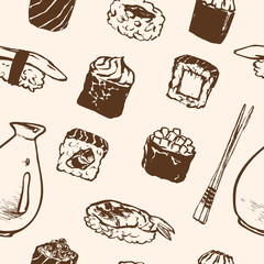 Wall Mural - Seamless pattern Sushi rolls and japanese seafood l with salmon, smoked eel, selective food vector.