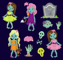 Wall Mural - Big collection zombie girls. Cartoon Vector illustration in a single layer without gradients.