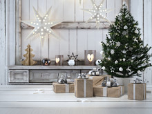 Beautiful Gift With Christmas Ornaments. 3d Rendering