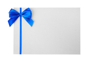 Poster - Blue satin ribbon and card on light background