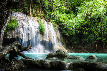 Erawan waterfall, the beautiful waterfall in deep forest at Erawan National Park - A beautiful waterfall on the River Kwai. Kanchanaburi, Thailand