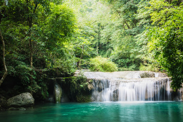 Wall Mural - Erawan waterfall, the beautiful waterfall in deep forest at Erawan National Park - A beautiful waterfall on the River Kwai. Kanchanaburi, Thailand