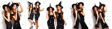 Collage Of Two Happy Young Women In Black Witch Halloween Costumes On Party Over White Background. Firecrackers In The Background. Confetti .the Concept Of Halloween . Funny Faces. Fashion Female 

