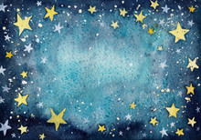 Watercolor Blue Texture With Yellow And White Little Stars. Night Sky Background