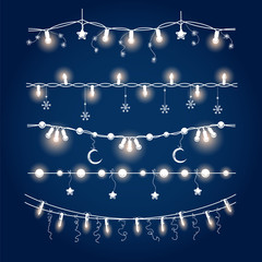 Wall Mural - Hand drawn illuminated christmas garland set vector illustration