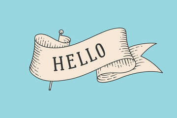 Canvas Print - greeting card with old vintage ribbon and word hello. old ribbon banner in engraving retro style. ol