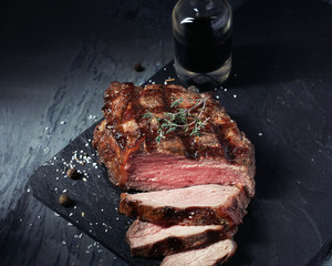 Closeup of cut medium rare roast beef steak