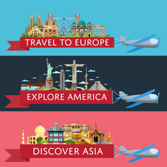 Sticker - Worldwide travel horizontal flyers. Plane with banner and famous architectural attractions. Travel to Europe. Discover Asia. Explore America. Time to travel idea. Worldwide air traveling.