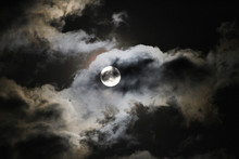 Full Hunter's Moon With Clouds, Eerie Or Spooky Full Moon For Halloween Or Fall